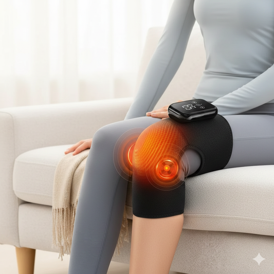 Noov HeatFlex cordless heated knee wrap fastened around a knee